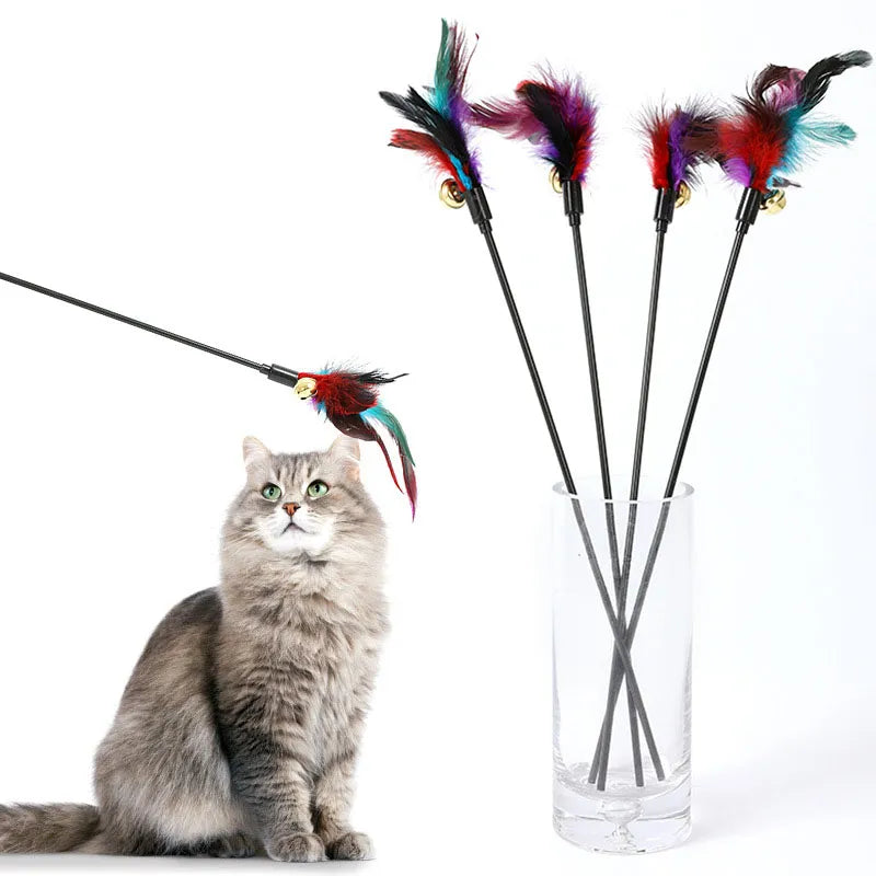Interactive Cat Toy Self-hi Game for Cats Feather Teaser Stick with Bell Cat Teaser Stick Collar Kitten Playing Pet Accessories
