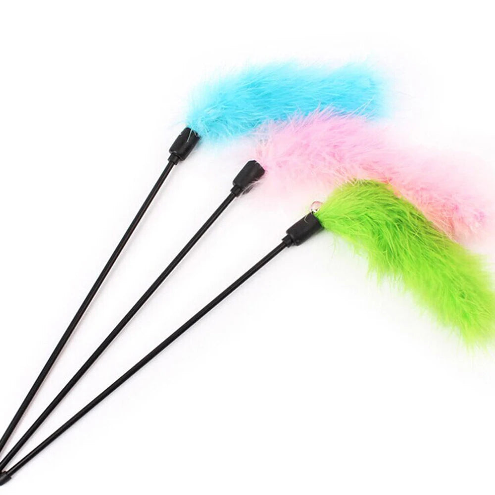 Funny Cat Stick Toys Colorful Turkey Feathers Tease Cat Stick Interactive Pet Cat Playing Toys Cat Accessories Random Color